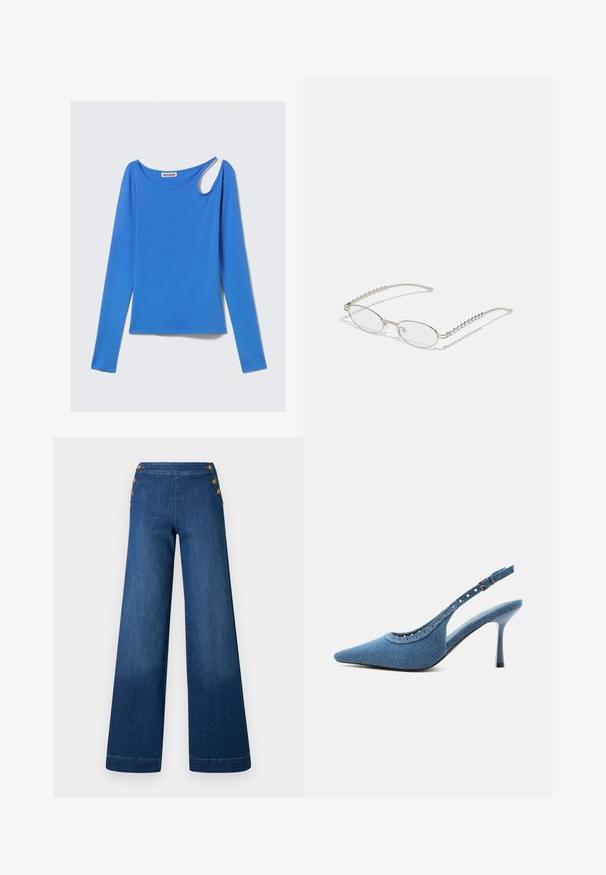Haut bleu à manches longues en tissu doux, avec une découpe unique à l'épaule et un col rond. Design épuré, style minimaliste.; Pantalon en denim bleu foncé à jambes larges. Il présente un devant plat avec cinq boutons dorés pour la fermeture. Texture lisse avec une finition classique.; Chaussure à talon haut slingback en denim bleu à bout pointu avec détails œillets argentés et bride réglable à boucle.; Lunettes ovales avec une monture métallique argentée, verres transparents et accents de branches texturées avec perles. Design léger avec des branches courbées.