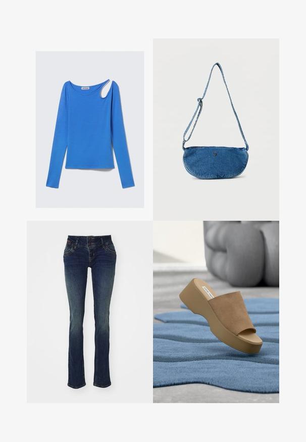 Top azul de manga larga en tela suave, con un corte único en el hombro y escote redondo. Diseño limpio, estilo minimalista.; Jeans azul oscuro de corte ajustado, con una cinturilla de doble botón, cinco bolsillos y una textura ligeramente desvanecida en los muslos.; Sandalia de plataforma beige con parte superior de ante y punta abierta, colocada sobre una alfombra azul texturizada con muebles tapizados grises al fondo.; Bolso bandolera azul de mezclilla con correa ajustable y pequeño logo metálico en el frente, exhibido sobre fondo blanco.