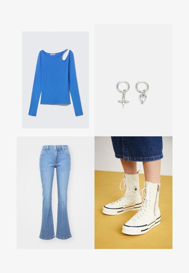 Haut bleu à manches longues en tissu doux, avec une découpe unique à l'épaule et un col rond. Design épuré, style minimaliste.; Jean en denim bleu clair avec une jambe évasée, comprenant cinq poches, une fermeture par bouton à l'avant et des détails de décoloration subtils sur le tissu.; Baskets montantes blanches avec une fermeture éclair, un design à lacets et des accents de rayures noires sur une semelle épaisse. Matériau en toile texturée.; Boucles d'oreilles en argent en forme de cerceau avec un charme croix et cœur. Texture lisse et brillante avec une finition polie. Chaque charmepend d'une boucle sécurisée.