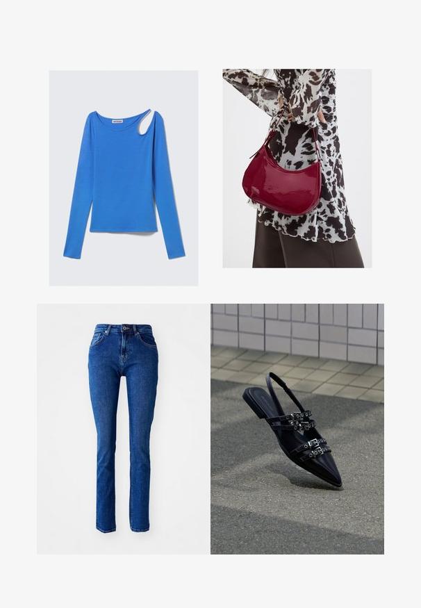 Top azul de manga larga en tela suave, con un corte único en el hombro y escote redondo. Diseño limpio, estilo minimalista.; Jeans de mezclilla azul con un corte ajustado, cintura alta, piernas rectas y detalles cosidos. Cuenta con un cierre de botón y cremallera. Sin adornos adicionales.; Sandalia plana negra de punta afilada con varias correas con hebillas y talón descubierto, situada sobre una superficie pavimentada y con un fondo de muro de azulejos.; Mujer con blusa de estampado en blanco y negro sosteniendo un bolso de hombro rojo brillante sobre un fondo liso.