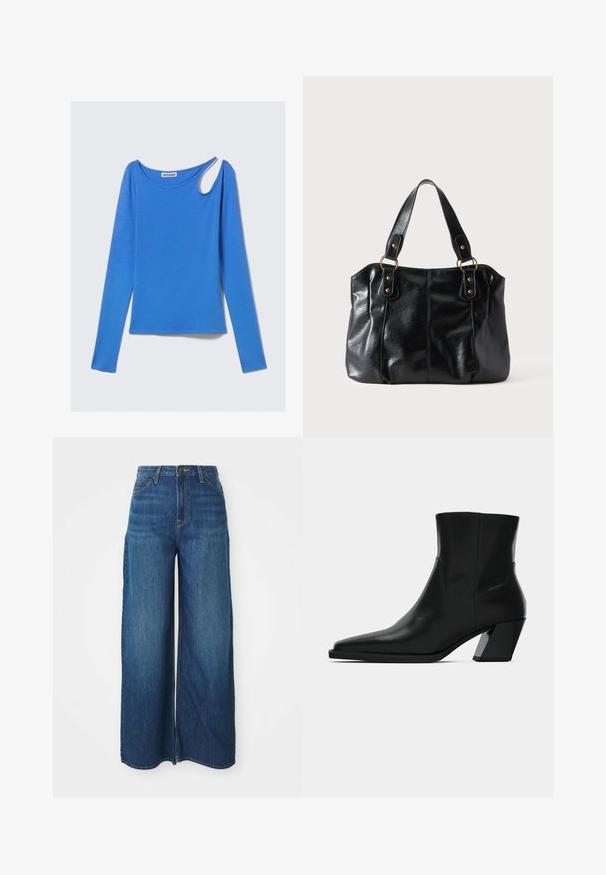 Top azul de manga larga en tela suave, con un corte único en el hombro y escote redondo. Diseño limpio, estilo minimalista.; Pantalones vaqueros de cintura alta y pierna ancha de mezclilla azul con bolsillos frontales, cinturoneras, cierre de botón y costuras visibles sobre un fondo blanco.; Bota de tobillo de cuero negro con punta afilada, una silueta elegante y un tacón cuadrado grueso. Textura suave con detalles de costura mínimos.; Bolso de cuero negro para el hombro con doble asa unida por anillas y remaches dorados, superficie lisa y ligeramente brillante, diseño sencillo.