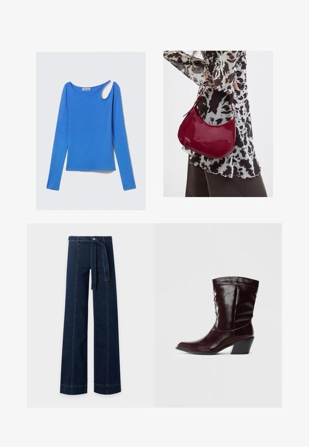 Top azul de manga larga en tela suave, con un corte único en el hombro y escote redondo. Diseño limpio, estilo minimalista.; Pantalón vaquero azul oscuro de pierna ancha con detalles de costura en la parte delantera y cinturón de tela a juego atado a la cintura.; Botines de cuero burdeos con punta afilada, superficie texturizada y tacón bajo cónico. Presentan costuras sutiles y un ajuste ceñido.; Mujer con blusa de estampado en blanco y negro sosteniendo un bolso de hombro rojo brillante sobre un fondo liso.