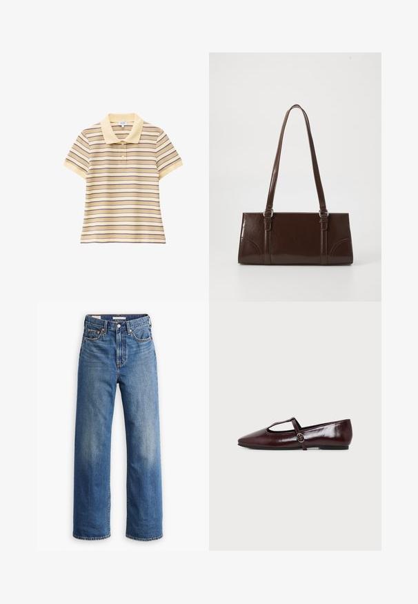 Polo à manches courtes avec des rayures horizontales beige, jaune et violette et deux boutons sous le col.; Jean en denim bleu clair avec une taille haute, une coupe à jambes larges, un style classique à cinq poches et un léger délavage sur le tissu.; Chaussure plate en cuir bordeaux foncé avec un bout pointu et une fine bride en T avec une boucle argentée sur fond blanc.; Sac à main en cuir verni marron de forme rectangulaire, avec deux longues poignées et des accents courbés subtils à l'avant.