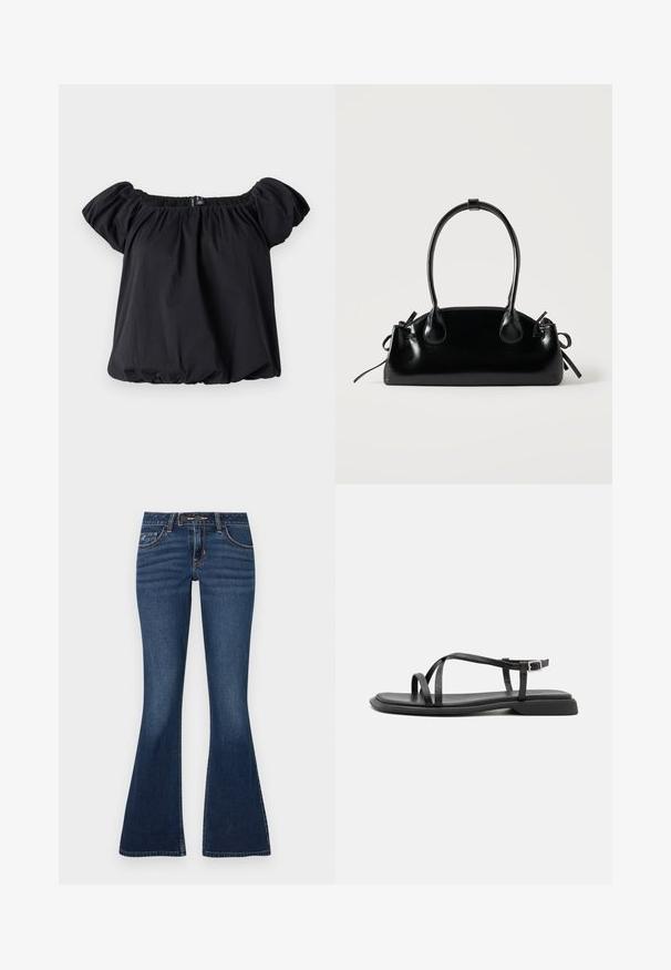 Sort off-the-shoulder bluse lavet af blødt stof, med puffærmer, en samlet halsudskæring og en løs pasform med en elastisk kant.; Flared jeans i mørkeblå denim med et klassisk fem-lomme-design, kontrastsyninger og lynlås med knaplukning.; Sorte flade sandaler med tynde justerbare stropper, rektangulær tåpost og en struktureret mat finish. Har en lav, let firkantet hæl.; Lille sort blank håndtaske med to lange håndtag og snøre-detaljer i siden på en ensfarvet lys baggrund.