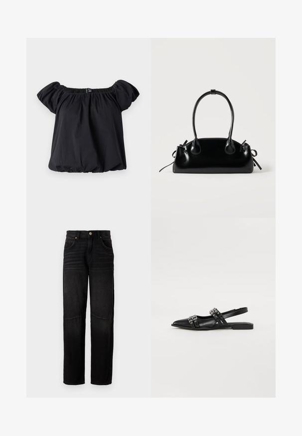 Sort off-the-shoulder bluse lavet af blødt stof, med puffærmer, en samlet halsudskæring og en løs pasform med en elastisk kant.; Sorte denimjeans med lige ben, fem lommer, knaplukning og subtile falmede detaljer ved lårene og knæene.; Even&Odd by Zalando Slingback-ballerinasko - black; Lille sort blank håndtaske med to lange håndtag og snøre-detaljer i siden på en ensfarvet lys baggrund.