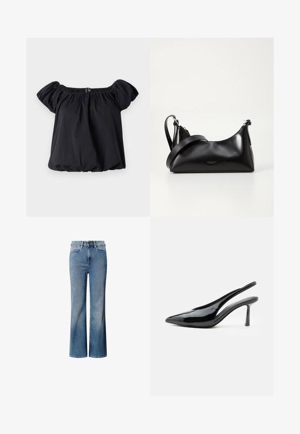 Zwarte off-the-shoulder blouse van zachte stof, met pofmouwen, een geraffineerde halslijn en een losse pasvorm met een elastische zoom.; Blauwe denim jeans met een hoge taille, wijd uitlopend ontwerp en een vervaagde wassing. Heeft een klassieke vijf-pocket stijl en een sluiting met een knoop aan de voorkant.; Zwarte lakleren slingback hoge hak met spitse neus en smalle stilettohak op een witte achtergrond.; Zwarte leren handtas met een gladde textuur. Beschikt over een verstelbare schouderband en een strak, minimalistisch ontwerp met een ritssluiting.