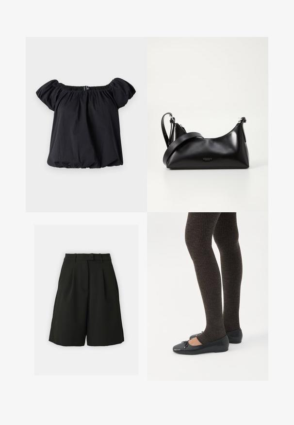 Zwarte off-the-shoulder blouse van zachte stof, met pofmouwen, een geraffineerde halslijn en een losse pasvorm met een elastische zoom.; Vero Moda Tall VMBECCA BERMUDA - Shorts - black; Benen met donkere geribbelde leggings gecombineerd met zwarte ballerina's met kleine strikdetails op een witte achtergrond.; Zwarte leren handtas met een gladde textuur. Beschikt over een verstelbare schouderband en een strak, minimalistisch ontwerp met een ritssluiting.