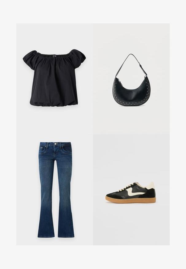 Blouse noire à épaules dénudées en tissu doux, avec des manches bouffantes, un col froncé et une coupe ample avec un ourlet élastique.; Jean bootcut en denim bleu avec poches avant et fermeture par bouton, présenté sur un fond gris clair uni.; Baskets en daim et cuir noir avec un swoosh latéral crème et un talon crème clair. Dotées de lacets beige et d'une semelle en caoutchouc gomme.; Sac bandoulière croissant en cuir noir avec des clous argentés le long des bords et une sangle ajustable sur fond blanc.