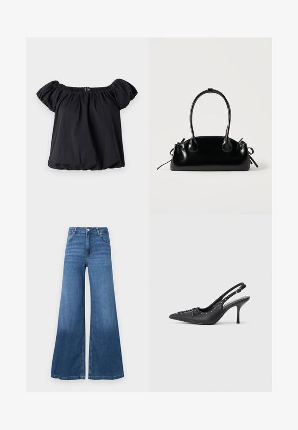 Zwarte off-the-shoulder blouse van zachte stof, met pofmouwen, een geraffineerde halslijn en een losse pasvorm met een elastische zoom.; Wijdvallende blauwe spijkerbroek van denim, met een hoge taille, voorzakken en een rechte zoom. Geen zichtbare patronen of versieringen.; Zwarte leren slingback stiletto met spitse neus, zijgesp met gesp, studs langs de rand en decoratieve veters aan de voorkant.; Kleine zwarte glanzende handtas met twee lange hengsels en zijkant trekkoord details op een effen lichte achtergrond.