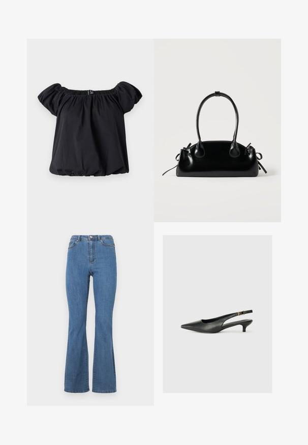 Sort off-the-shoulder bluse lavet af blødt stof, med puffærmer, en samlet halsudskæring og en løs pasform med en elastisk kant.; Blå bootcut jeans lavet af denim, med høj talje, kontrasterende syninger og en enkelt knaplukning foran.; Sorte spidse slingback-sko lavet af glat læder. Har en tynd hæl og en spænde detalje på den justerbare rem.; Lille sort blank håndtaske med to lange håndtag og snøre-detaljer i siden på en ensfarvet lys baggrund.