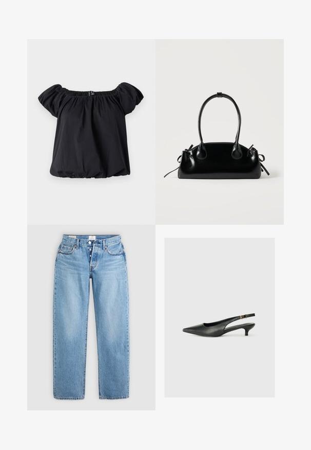 Sort off-the-shoulder bluse lavet af blødt stof, med puffærmer, en samlet halsudskæring og en løs pasform med en elastisk kant.; Lysblå denim jeans med lige snit, fem lommer og knaplukning. Har syet detaljer og en ren kant.; Sorte spidse slingback-sko lavet af glat læder. Har en tynd hæl og en spænde detalje på den justerbare rem.; Lille sort blank håndtaske med to lange håndtag og snøre-detaljer i siden på en ensfarvet lys baggrund.