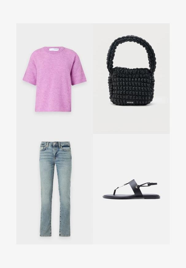 Lyserød kortærmet sweater med rund halsudskæring. Blød tekstur, afslappet pasform og minimale syninger. Mærket er synligt på bagsiden.; Lyseblå denim jeans med lige ben-design, fem-lomme stil og subtilt slid. Har metalknap og lynlåslukning.; Sort flad sandal med en tynd tåstrop, bred midtfodsbånd og justerbar ankelrem på hvid baggrund.; Lille sort quiltet håndtaske med kort polstret håndtag og "HUGO" mærke på forsiden, vist mod en ensfarvet lys baggrund.