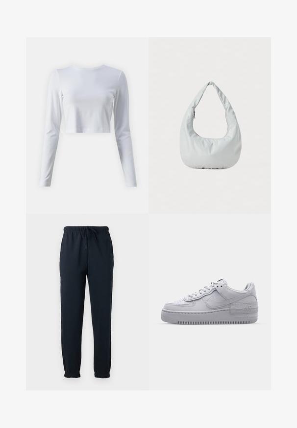 Chemise blanche à manches longues cropped en tissu doux. Dotée d'un col rond classique et de manches ajustées. Texture lisse, design minimal.; Pantalon de survêtement noir avec taille élastique, cordon, poches latérales et poignets élastiques aux chevilles.; Basket en cuir lisse gris Nike Air Force 1 avec un bout perforé, une semelle épaisse et un détail 'AIR' en relief sur le talon.; Sac hobo doux, de couleur gris clair, fabriqué en matériau synthétique. Présente une poignée rembourrée unique et un compartiment zippé sur le côté.