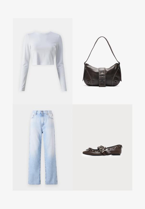 Camisa blanca de manga larga cortada, hecha de un tejido suave. Presenta un clásico escote redondo y mangas ajustadas. Textura suave, diseño minimalista.; Vaqueros de mezclilla azul claro con una cintura alta, piernas rectas anchas y un ligero desgaste. Cuenta con un cierre frontal de botón y cinco bolsillos.; Zapato plano de cuero marrón oscuro con puntera puntiaguda, doble hebilla plateada, ojales metálicos y lazo decorativo en la parte delantera.; Bolso de hombro de cuero marrón con forma curva, que presenta un prominente detalle de hebilla, costuras en contraste y una sola correa para el hombro.