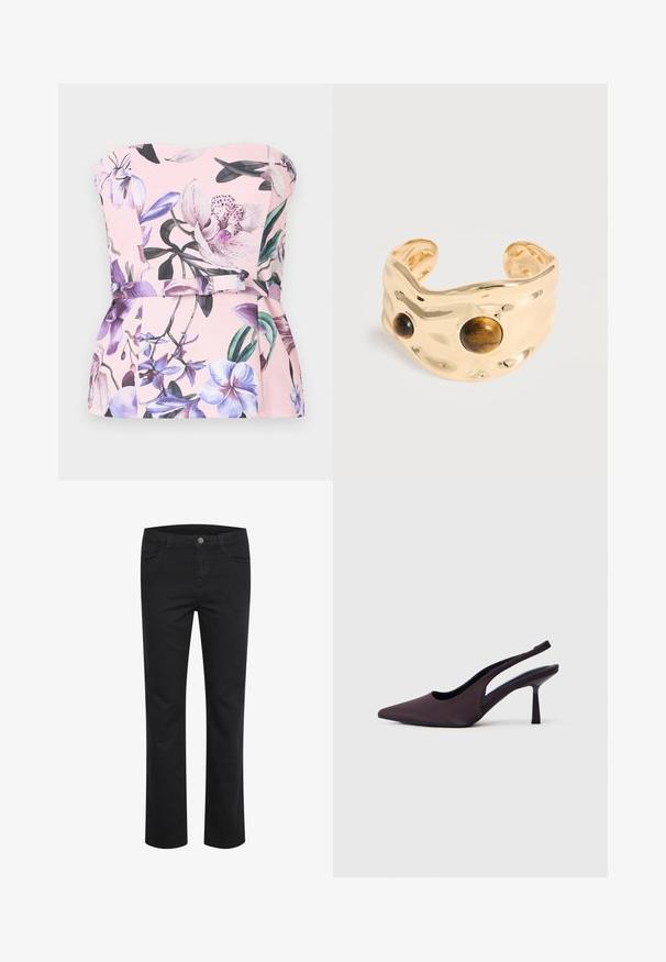 Top rose bustier avec imprimé floral violet et blanc, doté d'une taille cintrée et d'un détail ceinture en tissu.; Pantalon en denim noir avec une coupe droite, doté de deux poches avant et d'un seul bouton en métal à la taille. Texture lisse.; Chaussure à talon slingback en tissu violet foncé. Design à bout pointu, côtés ouverts, et talon mince de forme carrée. Texture lisse.; Bracelet manchette doré avec une texture martelée, featuring deux pierres rondes œil de tigre marron à l'avant.