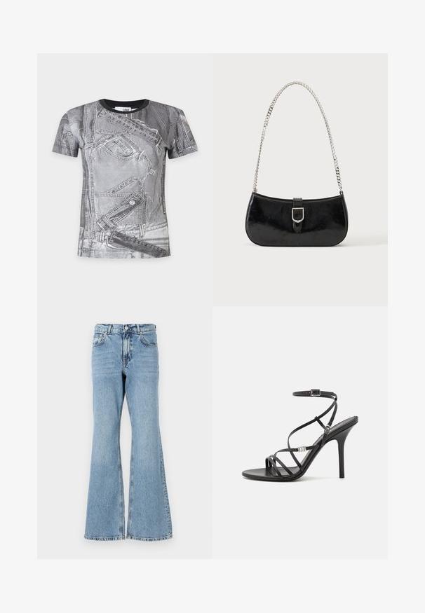 Zwart-grijs T-shirt met korte mouwen en een gedrukt ontwerp dat overlappende spijkerbroeken en jassen lijkt te tonen.; Lichtblauwe flared jeans van denim met een hoge taille, voorzien van een knoopsluiting, vijf zakken en een vervaagde wassing met subtiele whiskering.; Zwarte hoge hakken sandaal met dunne banden, een enkelgesp, een gladleren oppervlak en een slanke stilettohak.; Zwarte lakleren schoudertas met een zilveren gespdetail en een zilveren kettingriem, getoond tegen een effen lichte achtergrond.