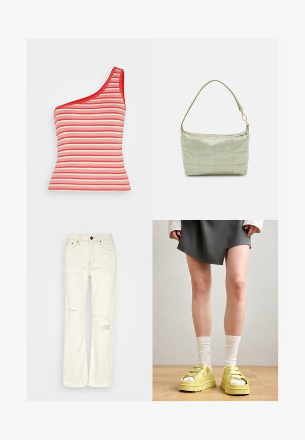 Cotton On JAMIE ONE SHOULDER CAMI - Μπλούζα - josie red chestnut; BDG Urban Outfitters STRAIGHT - Straight leg jeans - ecru; Κίτρινες πλατφόρμες σανδαλιών με πολλαπλές λωρίδες, φορεμένες με λευκές ριγέ κάλτσες, συνδυασμένες με γκρι φούστα τύπου περιτύλιξης σε ξύλινη επιφάνεια.; Πληρωμένη πράσινη τσάντα ώμου με μαλακή υφή, ορθογώνιο σχήμα, μονή ιμάντα και χρυσή φερμουάρ κλείσιμο. Διαθέτει ραμμένο σχέδιο.