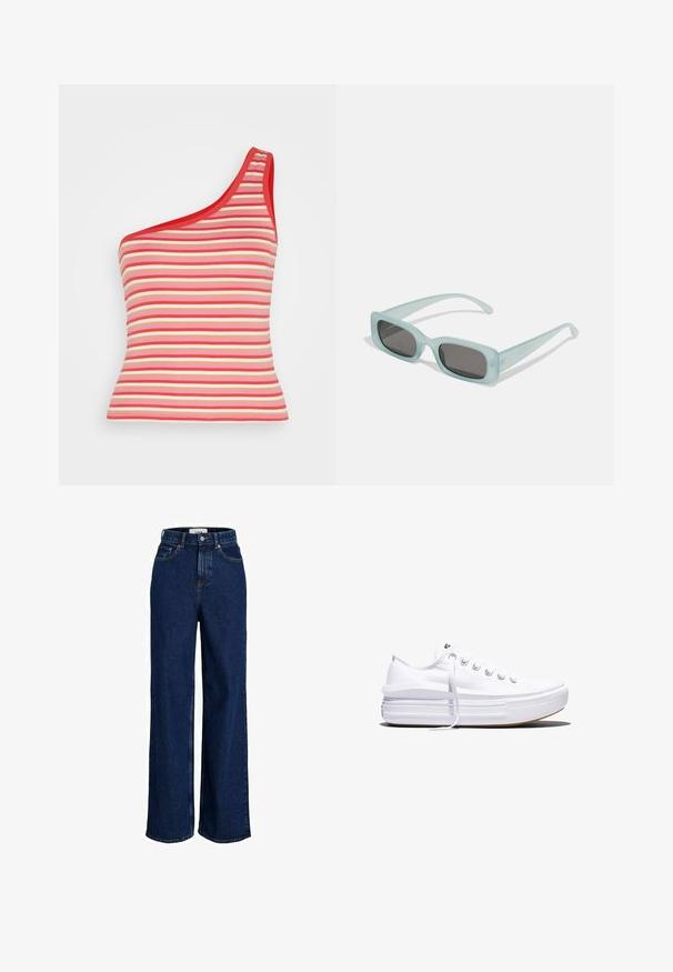 Cotton On JAMIE ONE SHOULDER CAMI - Top - josie red chestnut; Dunkelblaue, hoch taillierte Jeans mit weitem Bein, vorderen Taschen, Gürtelschlaufen, Knopfverschluss und sichtbaren Nahtdetails.; Weißer Canvas-Sneaker mit niedrigem Schnitt, dicker Plateau-Sohle, vorderer Schnürung und rauer Gummikappe an der Spitze, aus seitlicher Ansicht gezeigt.; Ein Paar rechteckige Sonnenbrillen mit lichtblauen, halbtransparenten Rahmen und dunkelgrauen Gläsern, ausgestattet mit geraden Bügeln und minimalen Hardware-Details.