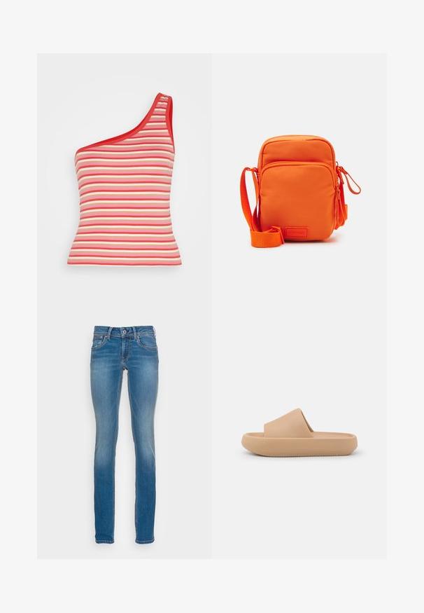 Cotton On JAMIE ONE SHOULDER CAMI - Top - josie red chestnut; Svetlomodré džíny s priliehavým strihom, piatimi vreckami a kontrastným oranžovým šitím, s uzatváraním na gombík a zips.; Hnedé šľapky s hrubým textúrovaným remienkom a zaoblenou podrážkou. Obsahujú hladký povrch a podrážku s dezénom pre lepšiu priľnavosť.; Oranžová taška cez plece vyrobená z hladkej tkaniny, s dvoma zipsovými komorami, nastaviteľným popruhom a značkovou akcentovou etiketou.