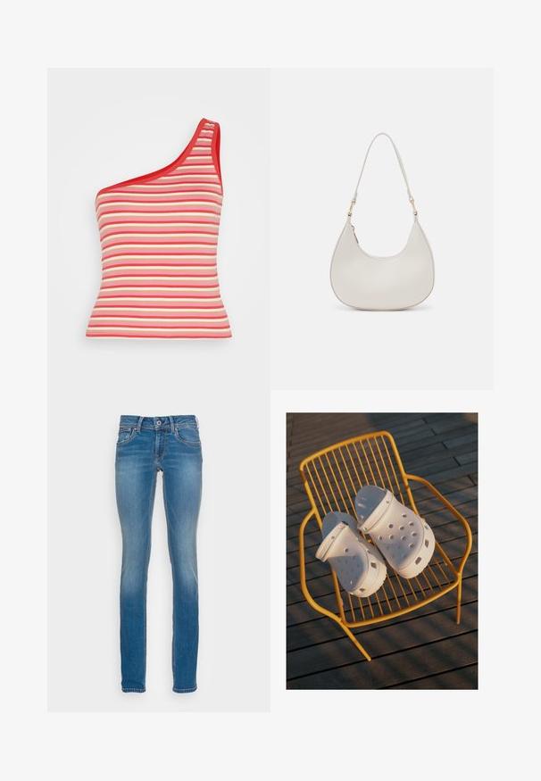 Cotton On JAMIE ONE SHOULDER CAMI - Top - josie red chestnut; Svetlomodré džíny s priliehavým strihom, piatimi vreckami a kontrastným oranžovým šitím, s uzatváraním na gombík a zips.; Biele Crocs klumpové topánky majú perforovaný dizajn, rovné podrážky a nastaviteľné opierky na päty, umiestnené na žltej drôtovej stoličke na drevenej podlahe.; Krémová kožená taška na rameno v polkruhovom tvare, so tenkým popruhom a subtílnym prešívaním. Minimalistický dizajn s akcentmi z pozlátenej ocele.