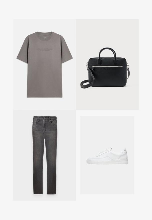 Grijze katoenen T-shirt met korte mouwen, ronde hals en reliëftekst "ARMANI EXCHANGE MILANO / NEW YORK" aan de voorkant.; Donkergrijze denim jeans met een rechte pijp, vijf zakken, metalen knoopsluiting en een licht versleten afwerking van de stof.; Witte lage sneaker met vetersluiting, glad leren bovenwerk en dikke zool, gezien vanuit de zijkant tegen een effen achtergrond.; Zwart gestructureerde rechthoekige leren aktetas met dubbele handvatten, voorvak met rits en verstelbare schouderriem, weergegeven op witte achtergrond.