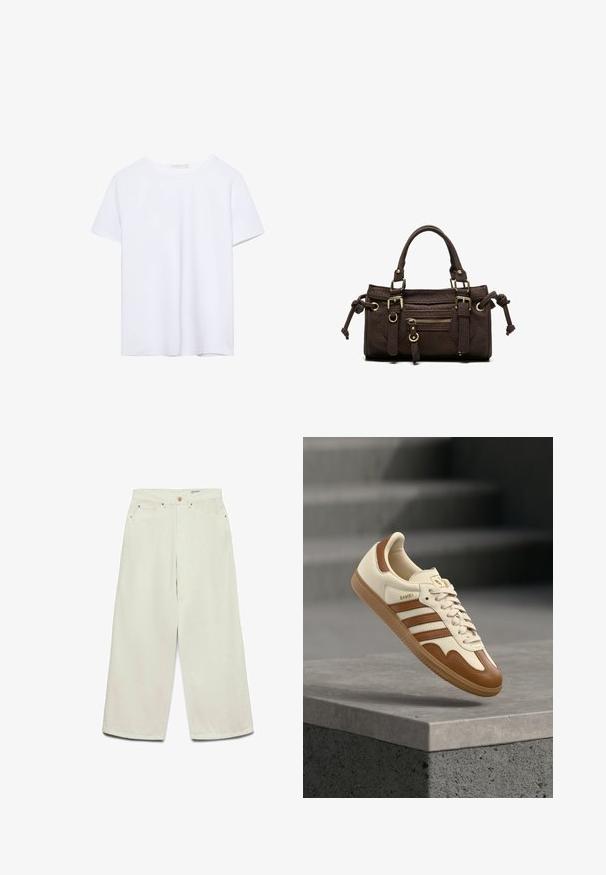 T-shirt blanc uni à manches courtes et col rond avec ourlet droit, présenté sur un fond blanc.; Pantalon crème à jambes larges et taille haute, avec poches avant, passants pour ceinture, et fermeture par bouton.; Baskets classiques avec une tige en cuir crème, des accents marron, trois bandes et une semelle en caoutchouc texturée. Elles présentent un bout arrondi et une fermeture à lacets.; Sac à main en cuir marron foncé avec double poignée, poche avant zippée, boucles décoratives et nœuds latéraux sur fond blanc.