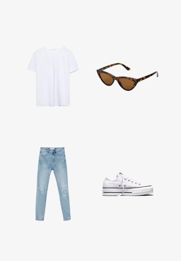 Simpel hvid kortærmet t-shirt med rund hals og lige kant, præsenteret på en hvid baggrund.; Lysblå denim skinny jeans med høj talje, der har slidte knædetaljer og et klassisk fem-lomme design.; Hvid lavtop lærredssneakers med hvide snørebånd, sorte striber på sålen og gummieret tekstureret tåhætte, sidevendt på hvid baggrund.; Kat-ejede solbriller med en sort og orange skildpaddemønstret stel, brune linser og slanke, spidse ender. Har et minimalistisk logo på skabelsen.
