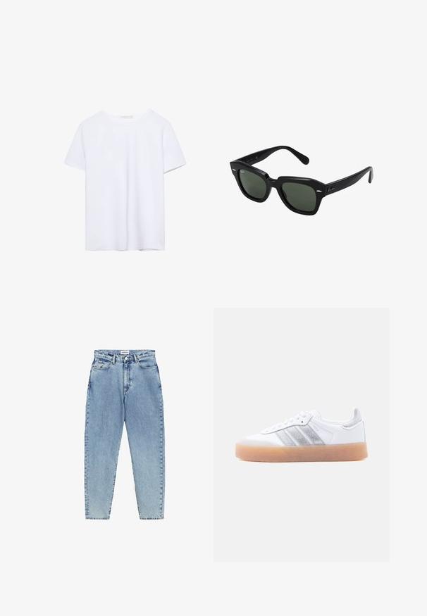 T-shirt blanc uni à manches courtes et col rond avec ourlet droit, présenté sur un fond blanc.; Jean en denim bleu clair avec une taille haute, une coupe droite et des coutures contrastantes. Dispose de poches avant et arrière, ainsi qu'une fermeture à bouton.; Baskets basses blanches avec semelle gomme, accents argentés rayés sur le côté, et fermeture à lacets, présentées sur un fond clair uni.; Lunettes de soleil carrées noires avec des verres vert foncé, présentant des montures audacieuses et des accents argentés sur les côtés. Fabriquées en Italie.