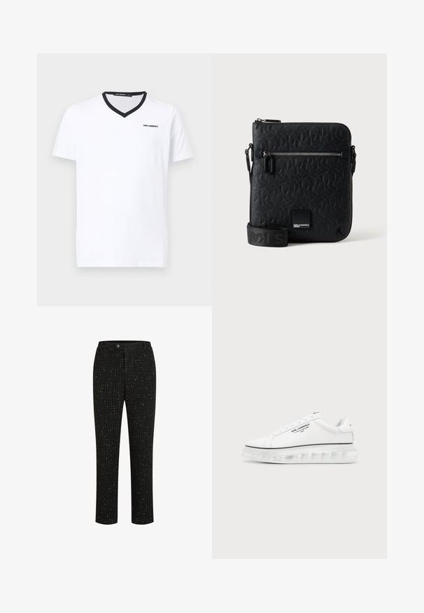 Wit T-shirt met korte mouwen en een V-hals, met zwarte bies op de kraag en een klein "KARL LAGERFELD"-logo op de linkerborst.; Zwarte op maat gemaakte broek met een gestructureerd patroon van dunne verticale witte lijnen, een rechte snit en een knoopsluiting in de taille.; Witte Karl Lagerfeld sneaker met zwart tekstlogo en transparante dikke zool op een effen lichte achtergrond.; Zwarte gegraveerde leren crossbodytas met voorvak met rits, verstelbare riem en klein logo plaatje onderaan in het midden.