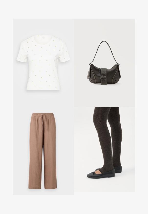T-shirt blanc à manches courtes avec de petits motifs colorés d'ananas. Présente un col rond et un tissu doux et texturé.; Pantalons larges en lin couleur marron clair avec une taille élastique et un cordon de serrage. Présente une texture lisse et une coupe au niveau des chevilles.; Jambes portant des leggings côtelés foncés associés à des ballerines noires avec de petits détails en nœud sur fond blanc.; Sac à épaule en cuir noir avec une sangle à boucle, des bords arrondis et des coutures blanches contrastées sur un fond uni.