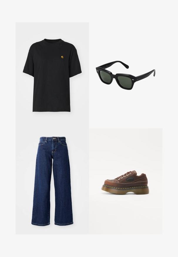 Sort bomulds T-shirt med en afslappet pasform. Har en rund halsudskæring og korte ærmer. Inkluderer et lille guld broderet logo på brystet.; Mørkeblå vide jeans lavet af denim, med knap- og lynlåslukning, bæltesløjfer og klassisk fem-lomme design.; Brune læder platform sneakers med en tekstureret overdel, hvid syning, snørebåndslukning og gul akcent på sålens kant.; Sorte firkantede solbriller med mørkegrønne linser, der har kraftige stel og sølvdetaljer på siderne. Fremstillet i Italien.