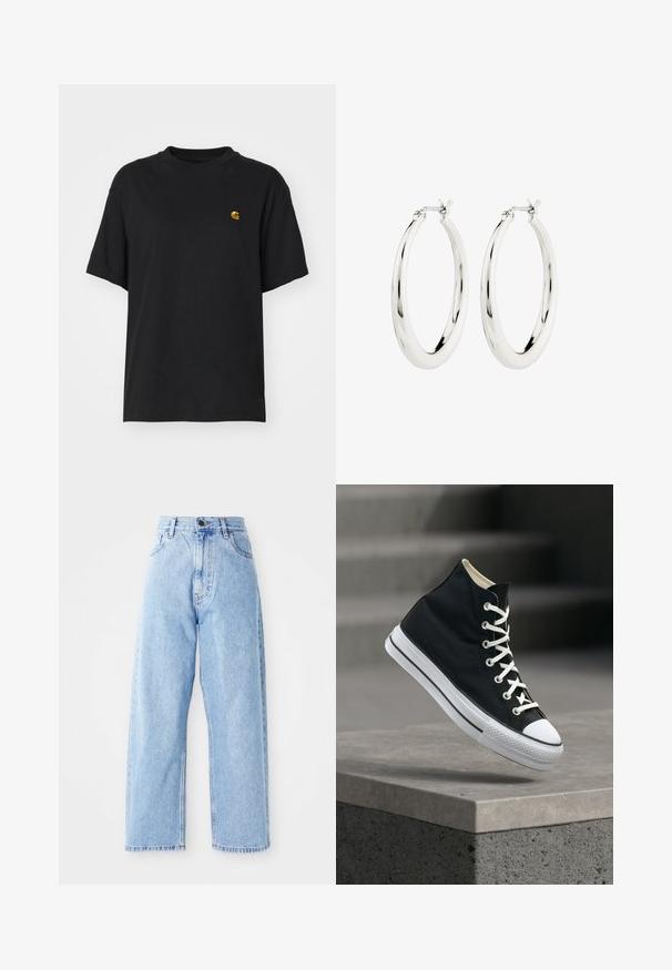 Sort bomulds T-shirt med en afslappet pasform. Har en rund halsudskæring og korte ærmer. Inkluderer et lille guld broderet logo på brystet.; Højhalset lysblå denimjeans med lige vide ben, frontknap, lynlås lukning samt front- og baglommer.; Sort højt sneakers med hvide snørebånd og gummisål balancerer på kanten af en grå betonplatform.; Sølvøreringe i form af hoops med en glat, blank finish. Cirkulær form, der har en sikker lås. Simpelt og elegant design.