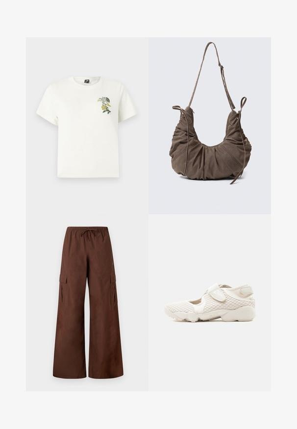 T-shirt en coton blanc à manches courtes. Présente une broderie florale verte et jaune sur le côté gauche de la poitrine, logo inclus. Coupe droite.; Pantalon cargo marron à jambes larges avec une taille élastique, un cordon de serrage, des poches à rabat latérales et des détails à boutons-pression aux ourlets.; Baskets Nike beige clair avec empeigne en mesh, bandes auto-agrippantes, semelle rembourrée, et côtés découpés, conçues pour le confort et la respirabilité.; Sac à épaule en daim marron avec des détails froncés, une bandoulière réglable et des liens décoratifs sur les côtés, présenté sur un fond neutre.