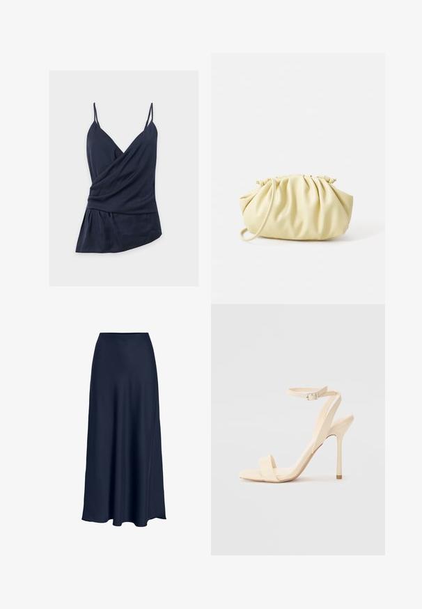 Haut portefeuille sans manches bleu marine avec fines bretelles spaghetti, encolure en V, tissu drapé et ourlet asymétrique sur fond blanc uni.; Jupe maxi en satin bleu marine avec une texture lisse, taille haute et silhouette fluide. Se termine par une légère courbe à l'ourlet.; Sandale à talon haut beige avec une sangle fine autour de la cheville et un bout carré. Matériau synthétique lisse, design minimaliste et talon aiguille.; Sac à main plissé jaune en simili cuir lisse, arborant une forme douce avec une bandoulière unique et un design froncé sur le dessus.