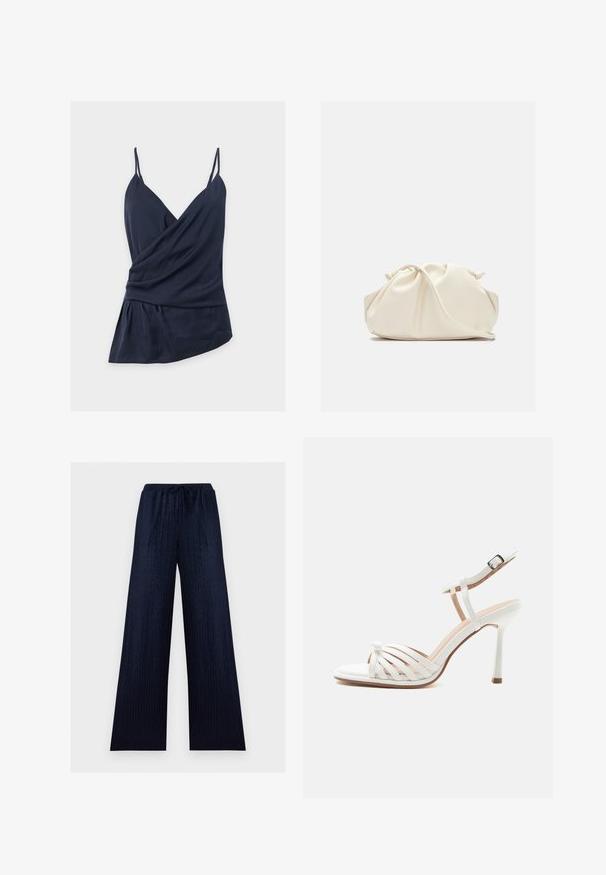 Haut portefeuille sans manches bleu marine avec fines bretelles spaghetti, encolure en V, tissu drapé et ourlet asymétrique sur fond blanc uni.; Pantalon large bleu marine avec une texture subtile en zigzag, taille élastique et fermeture à cordon.; Sandale blanche à talon haut avec une bride à la cheville et une boucle, bout ouvert, et plusieurs fines brides sur le dessus du pied.; Pochette en cuir souple couleur crème avec un design froncé et une fine bandoulière reposant à l’avant sur un fond uni.