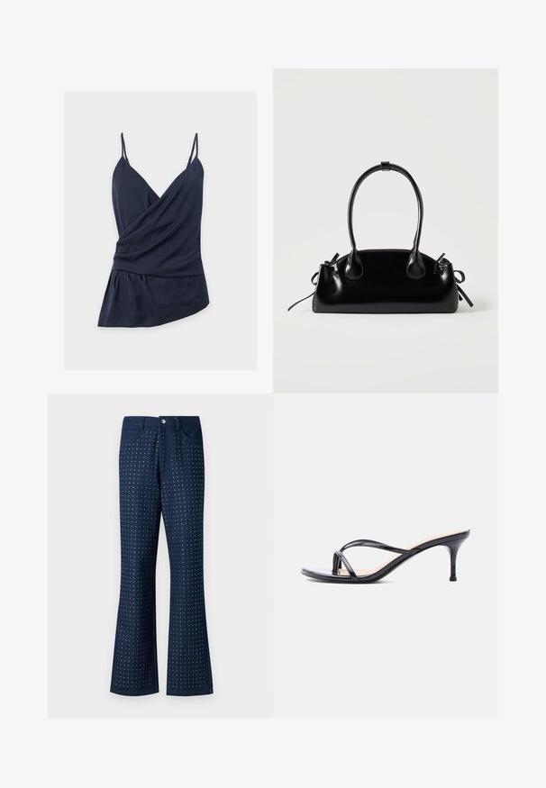 Marineblå ærmeløs wrap-top med tynde spaghetti-stropper, V-udskæring, draperet stof og asymmetrisk kant på en ensfarvet hvid baggrund.; Mørkeblå jeans med bredde i buksebenene, der har et prikket mønster over hele, fem lommer og knaplukning i metal. Fremstillet af denimstof.; Sort laklædersandal med hæl, tynde krydsede remme og en slank mellemhøj stilethæl på en hvid baggrund.; Lille sort blank håndtaske med to lange håndtag og snøre-detaljer i siden på en ensfarvet lys baggrund.