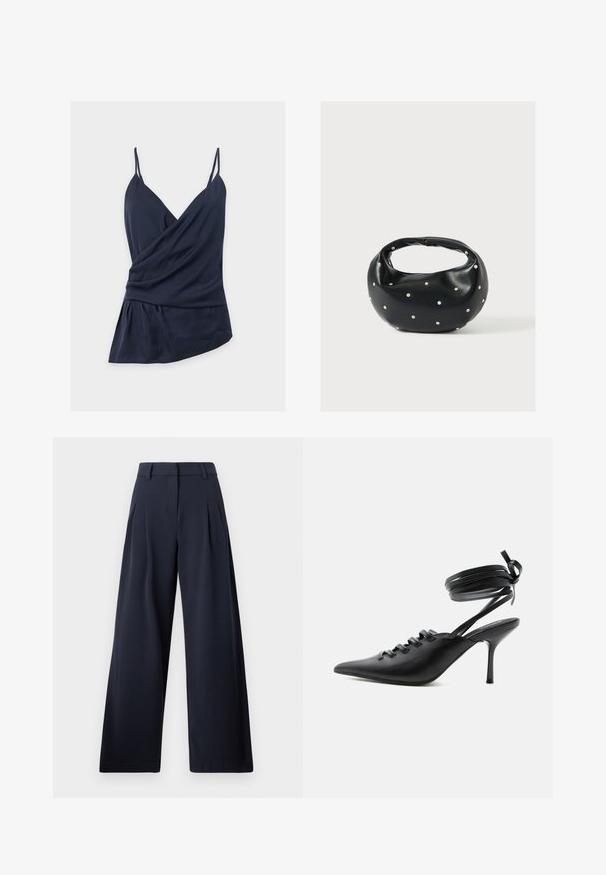Haut portefeuille sans manches bleu marine avec fines bretelles spaghetti, encolure en V, tissu drapé et ourlet asymétrique sur fond blanc uni.; Pantalons larges navy avec une texture lisse, présentant des plis avant et une taille classique, conçu pour un ajustement décontracté.; Chaussure à talon haut noire à bout pointu avec laçage à l'avant et brides enroulées autour de la cheville nouées en nœud, vue de côté sur fond blanc.; Sac à main en cuir noir de forme arrondie, décoré de clous argentés et équipé d'une poignée courte. Texture lisse et fermeture éclair.