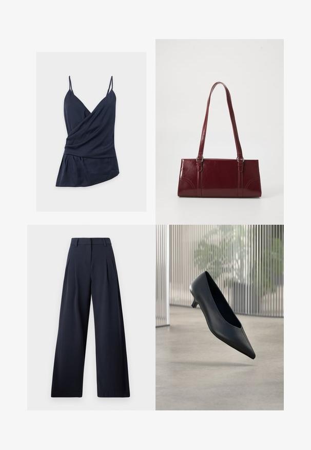Haut portefeuille sans manches bleu marine avec fines bretelles spaghetti, encolure en V, tissu drapé et ourlet asymétrique sur fond blanc uni.; Pantalons larges navy avec une texture lisse, présentant des plis avant et une taille classique, conçu pour un ajustement décontracté.; Chaussure noire à talon kitten à bout pointu flottant au-dessus d'un sol en béton lisse avec des panneaux translucides verticaux en arrière-plan.; Sac à main bordeaux en matériau brillant, de forme rectangulaire, avec deux anses et des accents légèrement courbés à l'avant.