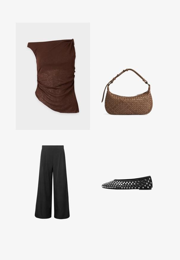 Top asymétrique marron à une épaule avec un détail froncé sur un côté, confectionné en tissu léger et légèrement transparent.; Pantalon noir taille haute, jambes larges et coupé court, avec des plis sur le devant et une ceinture ajustée, présenté sur fond blanc.; Chaussure plate noire avec un bout arrondi et des embellissements cloutés. Le matériau supérieur est lisse, avec un accent texturé près du bout.; Sac à main en cuir tressé marron avec une forme incurvée, une bandoulière réglable et une fermeture à glissière. Présente une surface texturée et des bords arrondis.