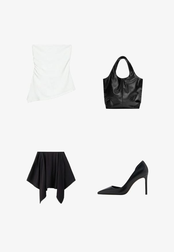 Witte asymmetrische top zonder bandjes met lichte plooidetails aan één kant, aangesloten stijl, strak en minimalistisch ontwerp.; Zwarte asymmetrische rok met puntige zoom en subtiele kanten afwerking langs de randen, weergegeven op een witte achtergrond.; Mango Hoge hakken - black; Zwarte leren tote bag met een gladde textuur, een zachte ronde bovenkant en brede handvatten. Kenmerkt zich door minimale stiksels en een slungelige silhouet.