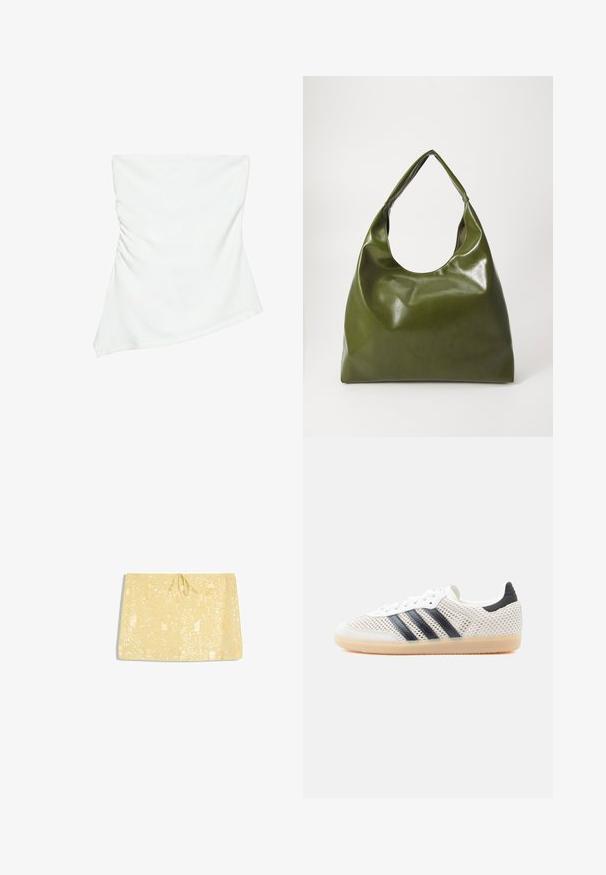 Haut blanc asymétrique sans bretelles avec un léger détail froncé sur un côté, style ajusté, design épuré et minimaliste.; Mini-jupe jaune avec de grandes sequins et un lacet à nouer à la taille, présentée à plat sur fond blanc.; Baskets en maille blanche avec un design à trois bandes noires, bout arrondi et semelle en caoutchouc gomme. Dotées d'un col de talon souple et d'une fermeture à lacets.; Sac hobo en cuir vert au design décontracté, avec une poignée incurvée et une texture lisse. Ne contient aucun matériel ou accent visible.