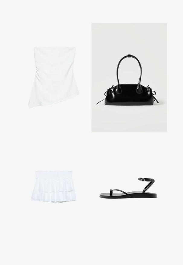 Haut blanc asymétrique sans bretelles avec un léger détail froncé sur un côté, style ajusté, design épuré et minimaliste.; Shorts blancs à volants avec une taille smockée, dotés de tissu superposé et de détails texturés subtils. Design léger et décontracté.; Sandale plate noire avec fines lanières, boucle pour l’orteil et bride de cheville avec une petite boucle ronde, vue de profil.; Petit sac à main noir brillant avec deux longues anses et des détails à cordon sur les côtés sur un fond clair uni.