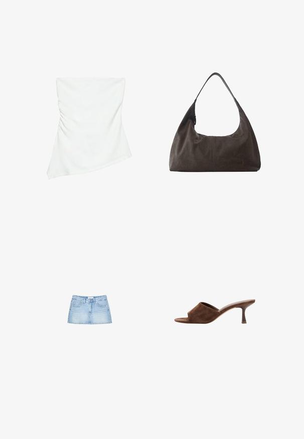 Haut blanc asymétrique sans bretelles avec un léger détail froncé sur un côté, style ajusté, design épuré et minimaliste.; Mini-jupe en denim bleu clair, avec une coupe droite, cinq poches et une fermeture à bouton sur le devant avec passants de ceinture. Texture lisse.; Mule en daim marron à bout ouvert, talon en bois incurvé de hauteur moyenne et design à enfiler sur fond blanc.; Sac à main hobo en cuir souple marron foncé avec une large bandoulière unique et un détail subtil de couture centrale sur fond blanc.