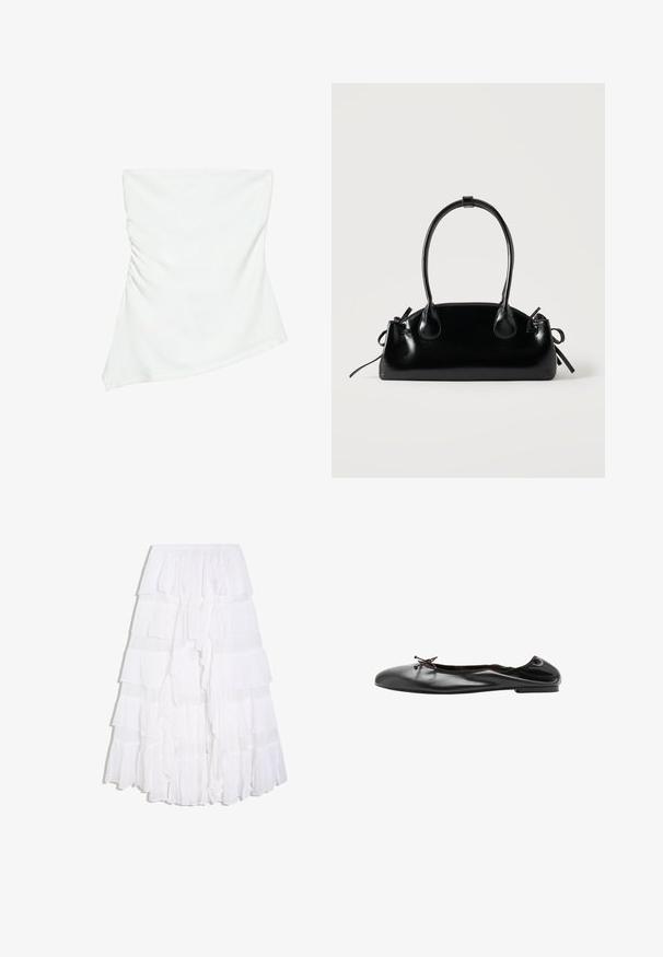 Haut blanc asymétrique sans bretelles avec un léger détail froncé sur un côté, style ajusté, design épuré et minimaliste.; Jupe blanche à volants superposés avec plusieurs couches et une ceinture élastique, créant une apparence fluide et légère.; Ballerine en cuir noir avec un petit nœud à l'avant et une couture arrière légèrement froncée, vue de profil sur fond blanc.; Petit sac à main noir brillant avec deux longues anses et des détails à cordon sur les côtés sur un fond clair uni.