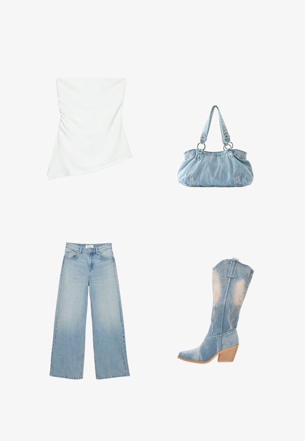 Weißes schulterfreies asymmetrisches Top mit leicht gerafften Details an einer Seite, figurbetonter Stil, sauberes und minimalistisches Design.; Hellblaue, hoch taillierte Jeans mit weitem Bein, vorderen Taschen, Knopfverschluss und Gürtelschlaufen vor weißem Hintergrund.; Denim-Cowboystiefel in Hellblau mit spitzem Zehenbereich, strukturiertem Obermaterial und dekorativen goldenen Nähten. Leicht gebogener Holzabsatz.; Hellblaue Denim-Handtasche mit zwei Schulterriemen, die an Metallringen befestigt sind, sowie dekorativen Nieten vorne und an den Seiten.