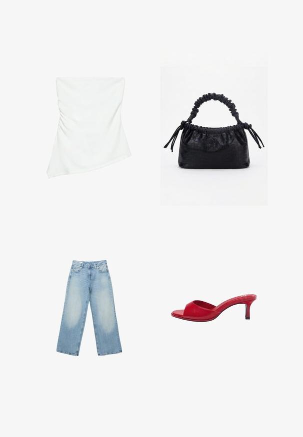 Haut blanc asymétrique sans bretelles avec un léger détail froncé sur un côté, style ajusté, design épuré et minimaliste.; Jean en denim bleu clair à jambes larges avec poches avant et arrière, passants de ceinture, et fermeture par bouton.; Mule en cuir rouge à bout ouvert avec un talon bas incurvé et une large bride à l'avant pour un look élégant et stylé.; Sac à main noir avec texture crocodile, bord supérieur froncé, poignée plissée et pompons à cordon de chaque côté sur fond blanc.