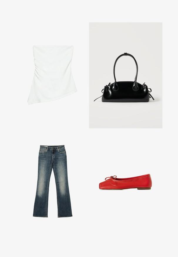Hvid stropløs asymmetrisk top med let rynkedetalje på den ene side, figursyet stil, ren og minimalistisk design.; Blå denimjeans med let falmet effekt på lår og knæ, straight-leg snit, fem-lomme design og knaplukning i taljen.; Røde læder balletflade sko med firkantet tå, dekoreret sløjfe på forsiden og en lav, rund hæl. Glat tekstur og enkelt design.; Lille sort blank håndtaske med to lange håndtag og snøre-detaljer i siden på en ensfarvet lys baggrund.