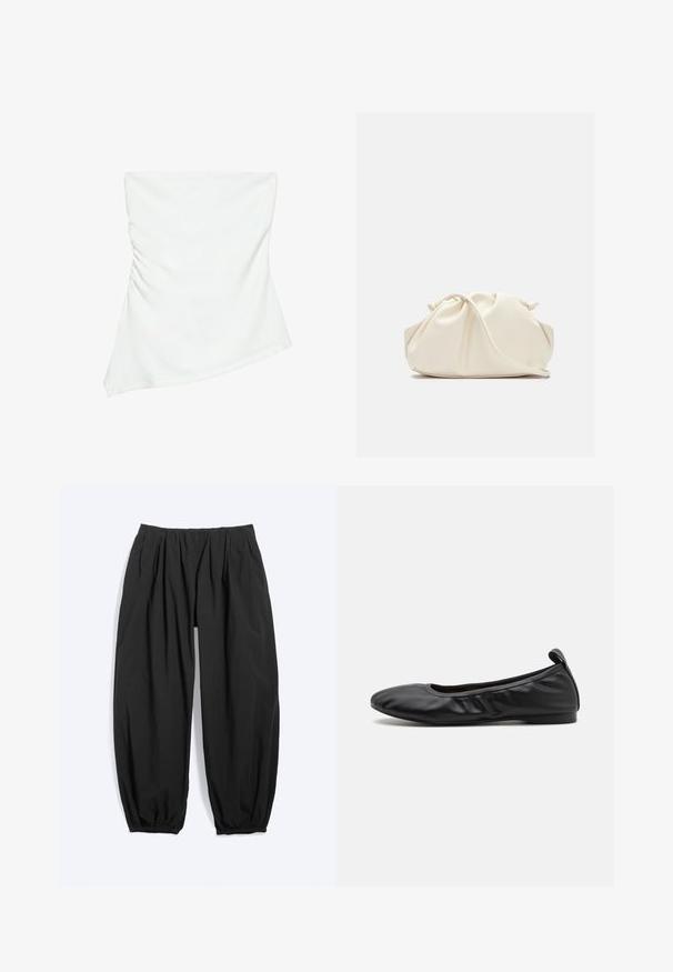 Haut blanc asymétrique sans bretelles avec un léger détail froncé sur un côté, style ajusté, design épuré et minimaliste.; Pantalon noir ample et fuselé avec taille élastique et poignets aux chevilles, fabriqué en tissu léger.; Ballerines en cuir noir avec un bout arrondi, des détails froncés sur les côtés et un petit onglet au talon à l'arrière. Texture lisse.; Pochette en cuir souple couleur crème avec un design froncé et une fine bandoulière reposant à l’avant sur un fond uni.