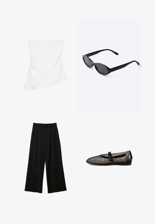 Haut blanc asymétrique sans bretelles avec un léger détail froncé sur un côté, style ajusté, design épuré et minimaliste.; Pantalon noir à jambes larges, taille haute, plis devant, passants pour ceinture et coupe décontractée.; Ballerines en mesh noir avec une bordure en cuir verni noir brillant, un bouton décoratif rond et un talon plat bas.; Lunettes de soleil ovales noires et élégantes avec des verres foncés et des branches droites, posées sur une surface blanche.