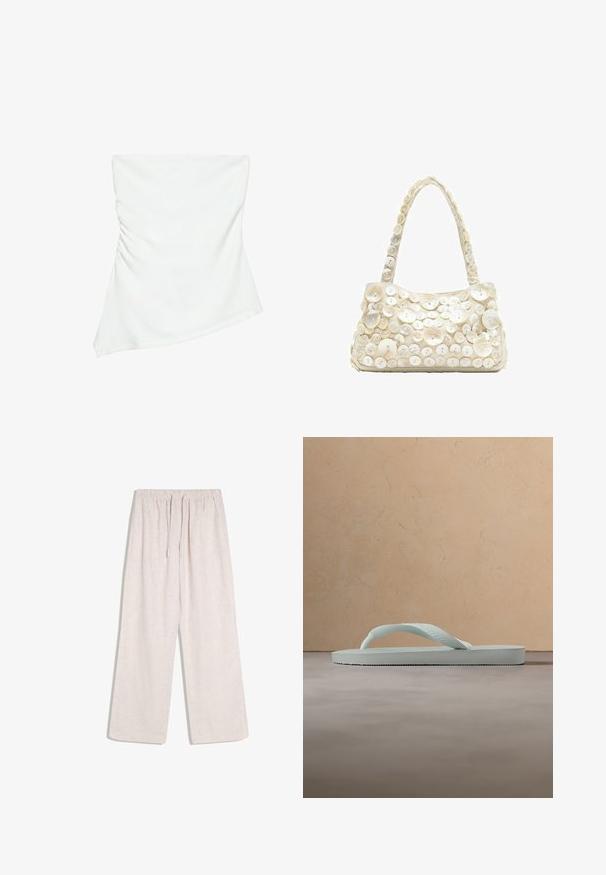 Hvid stropløs asymmetrisk top med let rynkedetalje på den ene side, figursyet stil, ren og minimalistisk design.; Beige vidde linnedbukser med elastik i taljen og snøre, med sidelommer, designet til afslappet brug.; Enkel lysebeige gummiflipflop med tekstureret fodseng og Y-formet rem mod en ensfarvet grå baggrund.; Lille cremefarvet håndtaske med over 50 hvide knapper i forskellige størrelser, der dækker fronten og håndtaget på en ens hvid baggrund.